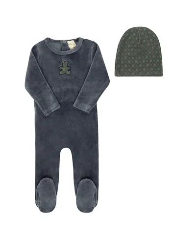 Ely's & Co. Unisex Velour Plaid Bear Collection Footie + Beanie - Baby In Blue