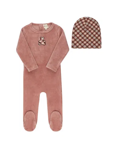 Ely's & Co. Unisex Velour Plaid Bear Collection Footie + Beanie - Baby In Pink