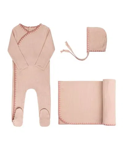 Ely's & Co. Unisex Whip Stitch Collection Take Me Home Set ( Footie, Bonnet, Blanket) - Baby In Pink