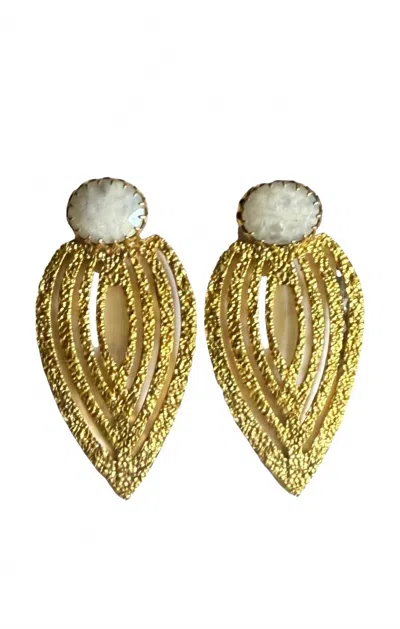 Elyssa Bass Designs Women's Textured Leaf Shape Moonstone Earrings In Gold
