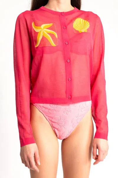Em On Holiday Starfish Knit Cardigan In Pink/red
