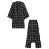 Emanmoon Black / White Black Plaid Cardigan Set In Black