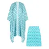 Emanmoon Blue Turquoise Print Kimono & Mini Skirt Set