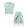 Emanmoon Green / White / Neutrals Sage Crop Top & Fringed Skirt Set