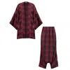 Emanmoon Red Burgundy Plaid Cardigan And Pants Set In Brown