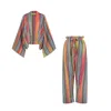 Emanmoon Stripped Cardigan Pants Set - Multicolor