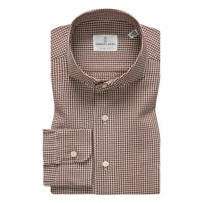 Emanuel Berg Mf Brown Check Cotton Crinkle Dress Shirt In Brown/white