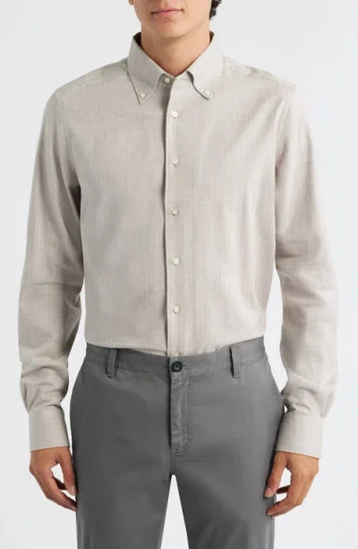 Emanuel Berg Modern Fit Beige Mélange Brushed Cotton Herringbone Dress Shirt In Gray