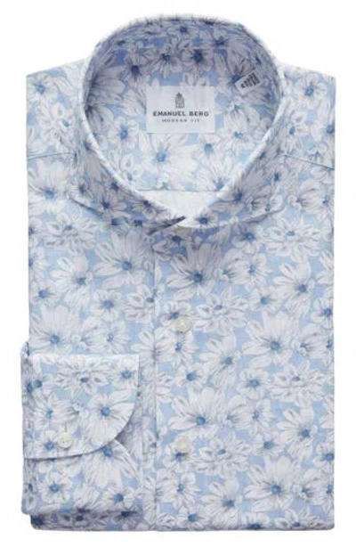 Emanuel Berg Modern Fit Floral Cotton & Linen Blend Button-up Shirt In Blue