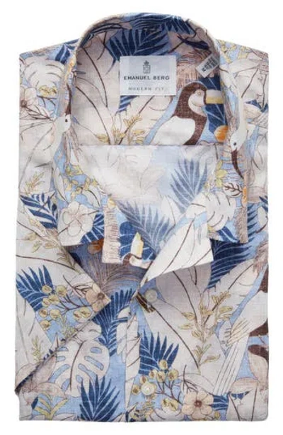 Emanuel Berg Modern Fit Floral Short Sleeve Cotton & Linen Blend Button-up Shirt In Blue