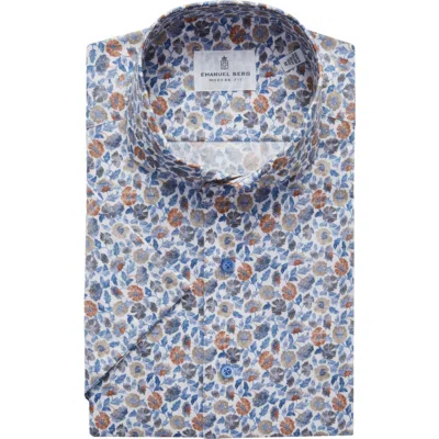 Emanuel Berg Modern Fit Floral Short Sleeve Stretch Poplin Sport Shirt In Blue