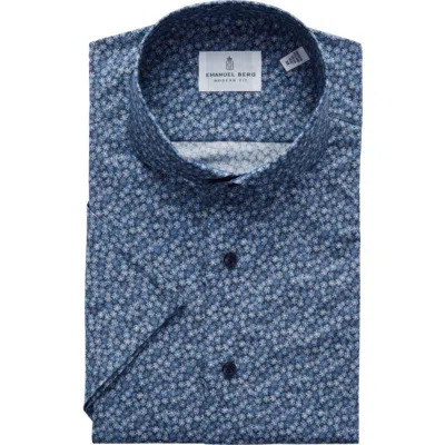 Emanuel Berg Modern Fit Floral Short Sleeve Stretch Poplin Sport Shirt In Blue