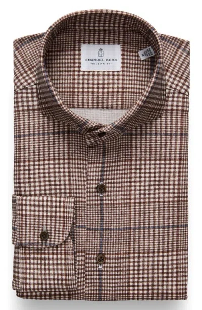 Emanuel Berg Modern Fit Glen Check Stretch Cotton Knit Dress Shirt In Brown