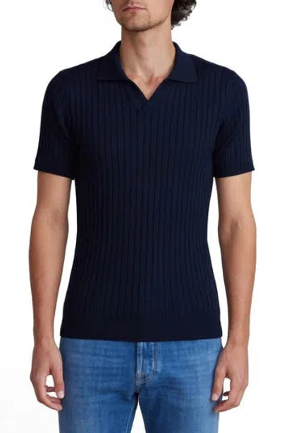 Emanuel Berg Vertical Rib Short Sleeve Merino Wool Knit Polo In Blue
