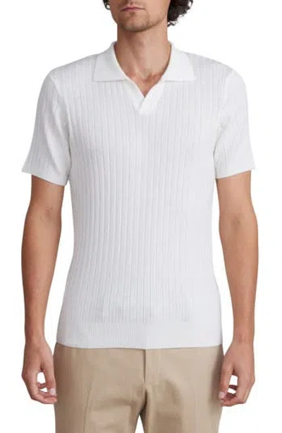 Emanuel Berg Vertical Rib Short Sleeve Merino Wool Knit Polo In White