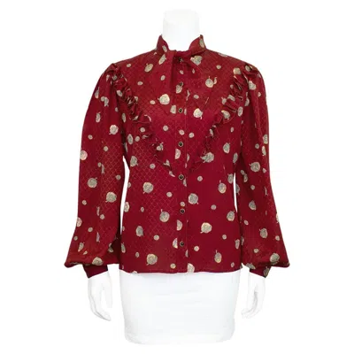 Pre-owned Emanuel Ungaro 1970's Ungaro Bordeau Printed Silk Blouse In Red
