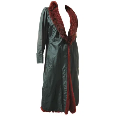 Pre-owned Emanuel Ungaro 1970s  Forest Green Silk Duster Coat W Red Feathered Fox Lining