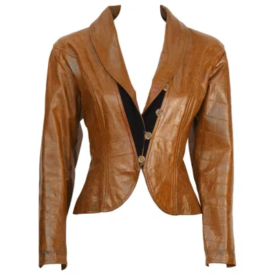 Pre-owned Emanuel Ungaro 1980's Ungaro Croc Embossed Brown Leather Jacket