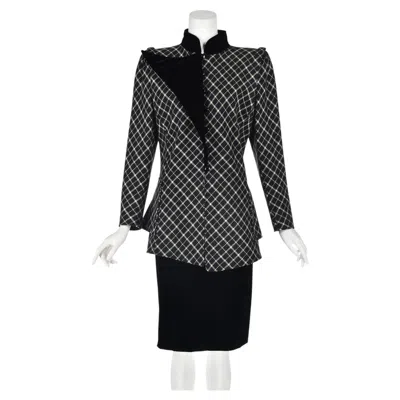 Pre-owned Emanuel Ungaro 1980s Black & White Plaid Wool Jacket & Velvet Skirt Suit, Sz L