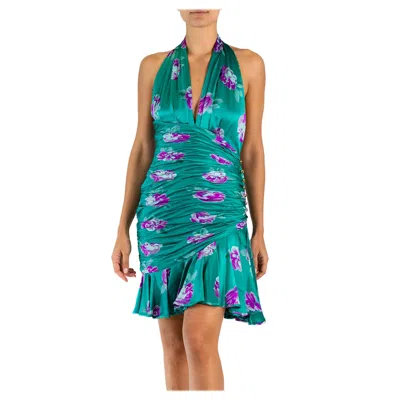 Pre-owned Emanuel Ungaro 1980s  Green & Purple Floral Print Silk Charmeuse Ruched Waist Dr