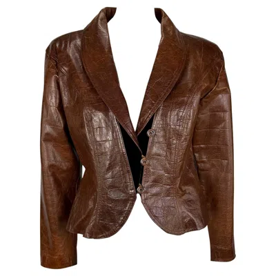 Pre-owned Emanuel Ungaro 1980s  Saddle Brown Crocodile Embossed Distressed Leather Jacket
