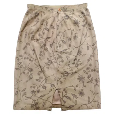 Pre-owned Emanuel Ungaro 1980s  Tan Suede Floral Print Skirt In Brown