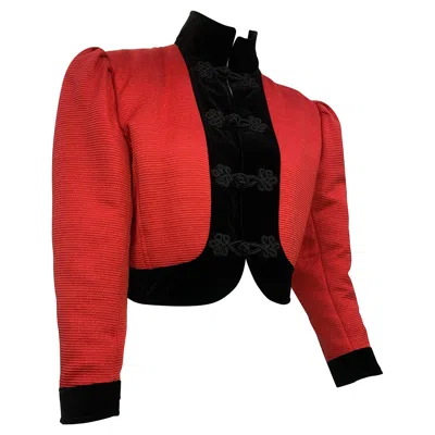 Pre-owned Emanuel Ungaro 1980s Ungaro Red Silk Faille Bolero Jacket W Black Velvet Trim & High Collar