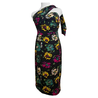 Pre-owned Emanuel Ungaro 1980s Ungaro Silk Floral Print Crepe Strapless Cocktail Dress W Attached Foulard In Black
