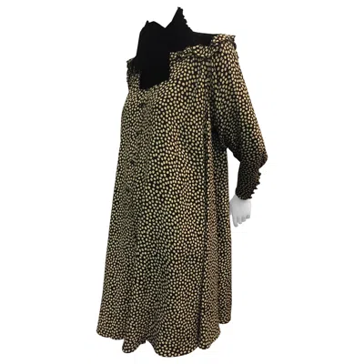 Pre-owned Emanuel Ungaro 1980s Ungaro Velvet Yolked Crepe Print Black And White Smock Dress