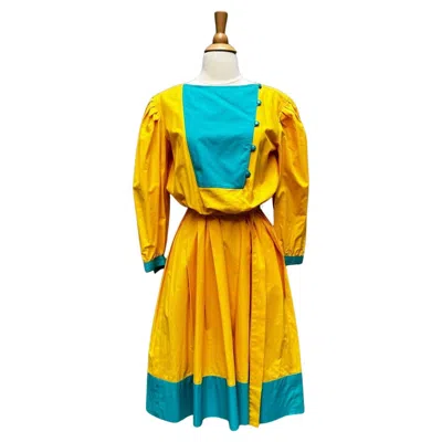 Pre-owned Emanuel Ungaro 1980s Vintage Yellow Turquoise Cotton Dress Size 8