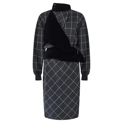 Pre-owned Emanuel Ungaro 1986  Black White Plaid Skirt Suit With Velvet Trim
