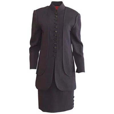 Pre-owned Emanuel Ungaro 1990s Brown Grey Skirt Suit With Long Jacket In Gray