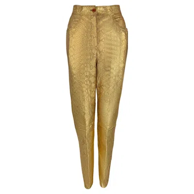 Pre-owned Emanuel Ungaro 1990s  Gold Metallic Snake Print Embossed Leather Pants 6 In Brown