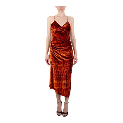 Pre-owned Emanuel Ungaro 1990s  Golden Brown Tie Dyed Rayon & Silk Velvet Bias Cut Dress