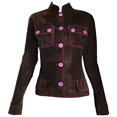 Pre-owned Emanuel Ungaro 1990s  Leather Suede Chocolate Brown + Purple Vintage Moto Jacket