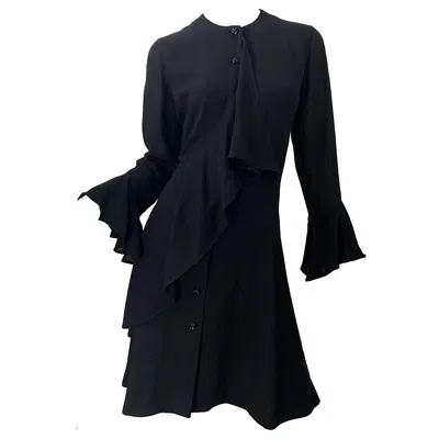 Pre-owned Emanuel Ungaro 1990s  Size 10 Black Rayon Vintage 90s Bell Sleeve Wrap Dress