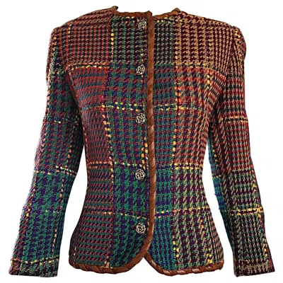 Pre-owned Emanuel Ungaro 1990s  Size 8 10 Leather Trim Colorful Herringbone Blazer Jacket In Black