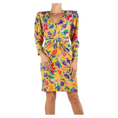 Pre-owned Emanuel Ungaro 1990s  Yellow Floral Silk Crepe De Chine Sleeved Cocktail Dress