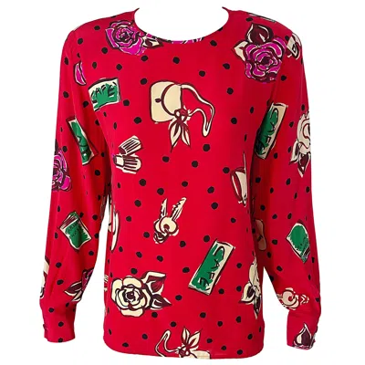 Pre-owned Emanuel Ungaro 1990s Size 10 Red Novelty Print Silk Vintage 90s Blouse Shirt Top