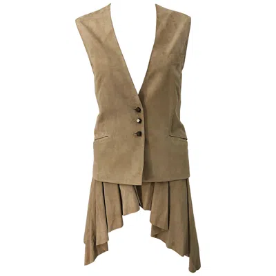 Pre-owned Emanuel Ungaro 1990s Tan Suede Leather Size 42 / 8 Dip Hem Vintage 90s Vest Top In Brown