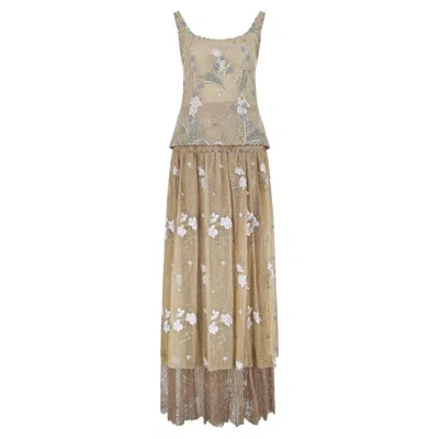 Pre-owned Emanuel Ungaro 1999 Ungaro Haute Couture Green Floral Embroidered Cami Top And Skirt