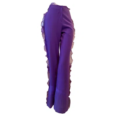 Pre-owned Emanuel Ungaro 2000 Ungaro Vivid Purple Spring Weight Wool Gabardine Slacks W Chiffon Ruffles