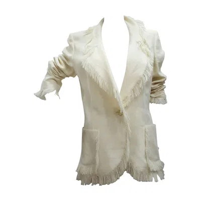Pre-owned Emanuel Ungaro 2000s  Linen Cream Jacket With Fringes In White
