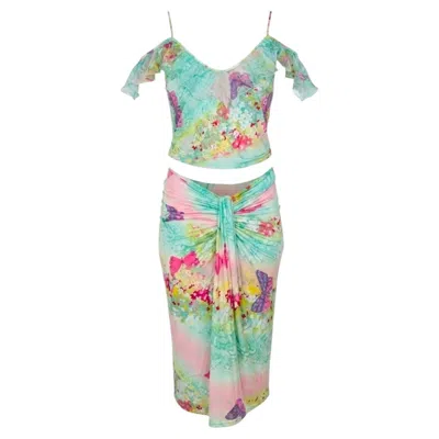Pre-owned Emanuel Ungaro Circa 2000 Butterfly Print Top & Draped Skirt In Gray