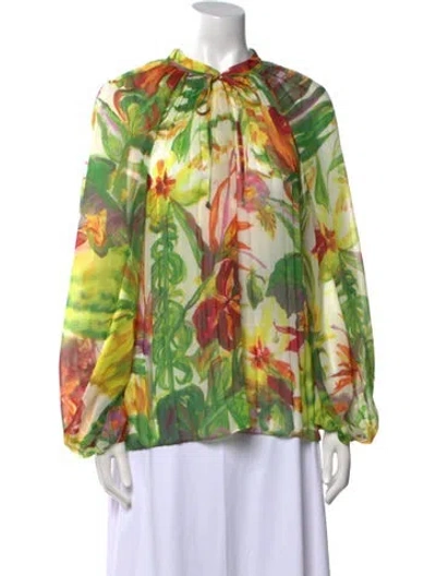 Pre-owned Emanuel Ungaro Floral Print Mock Neck Blouse In Green