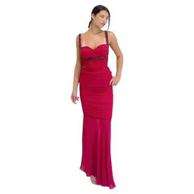 Pre-owned Emanuel Ungaro Fuchsia Sweetheart Ruched Beadwork Gown In Red