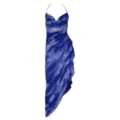 Pre-owned Emanuel Ungaro F/w 2000  Runway Ad Blue Watercolor Silk Chiffon Dress Y2k Fr36