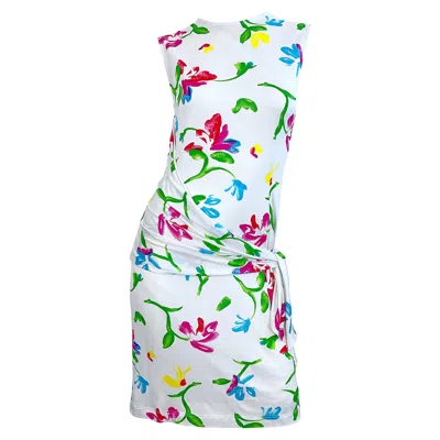Pre-owned Emanuel Ungaro Nwt  2000s Size 12 White Flower Watercolor Print Vintage Dress