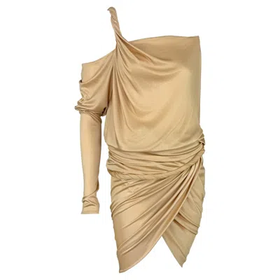 Pre-owned Emanuel Ungaro Nwt F/w 2008  Runway Draped Beige Viscose Wrap Style Mini Dress In Brown