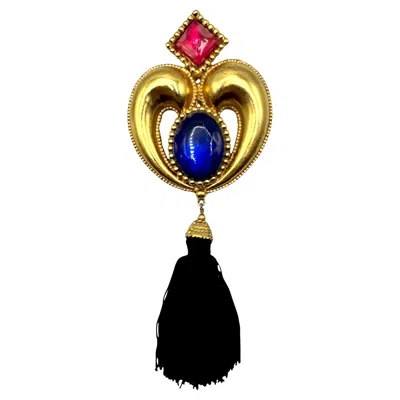 Pre-owned Emanuel Ungaro , Paris 1980s Large 7.5" Satin Gold, Jeweled Tassel Brooch In Multi